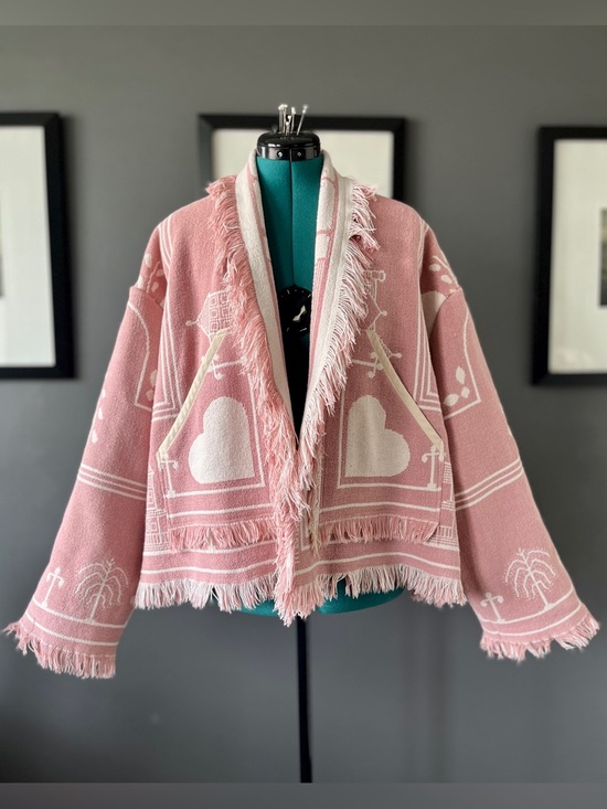 Handmade Sweaters - Pink and cream hearts cardigan, upcycled tapestry blanket, ladies' XL / 2XL